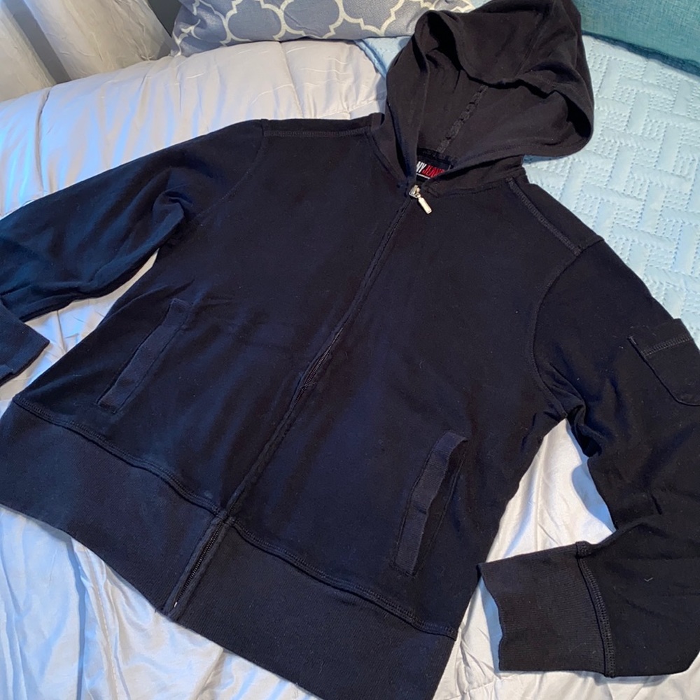 NY JEANS New York & Company black zip hooded front pocket sweatshirt Cotton med